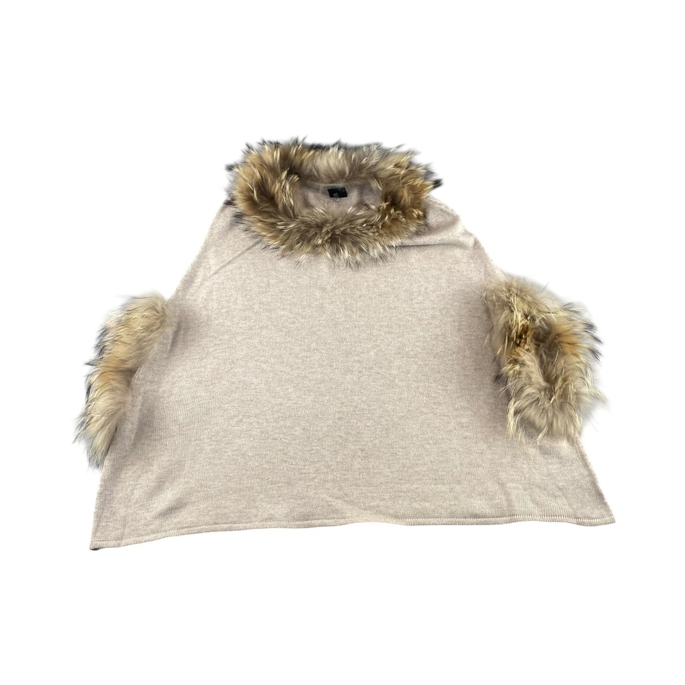 LOVE TOKEN Wool Blend Beige Genuine RACCOON‎ Fur Trim PONCHO SHAWL CAPE WRAP M/L